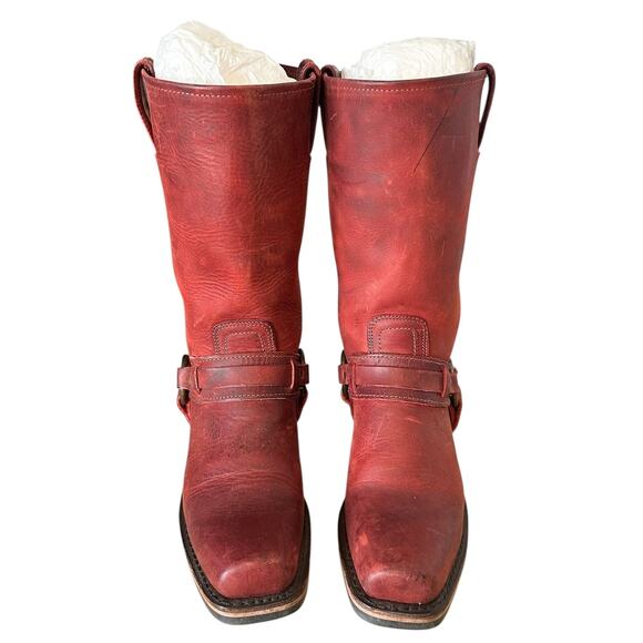 Frye Vintage Red Leather Square Toe Harness Boots 8 - Picture 4 of 12